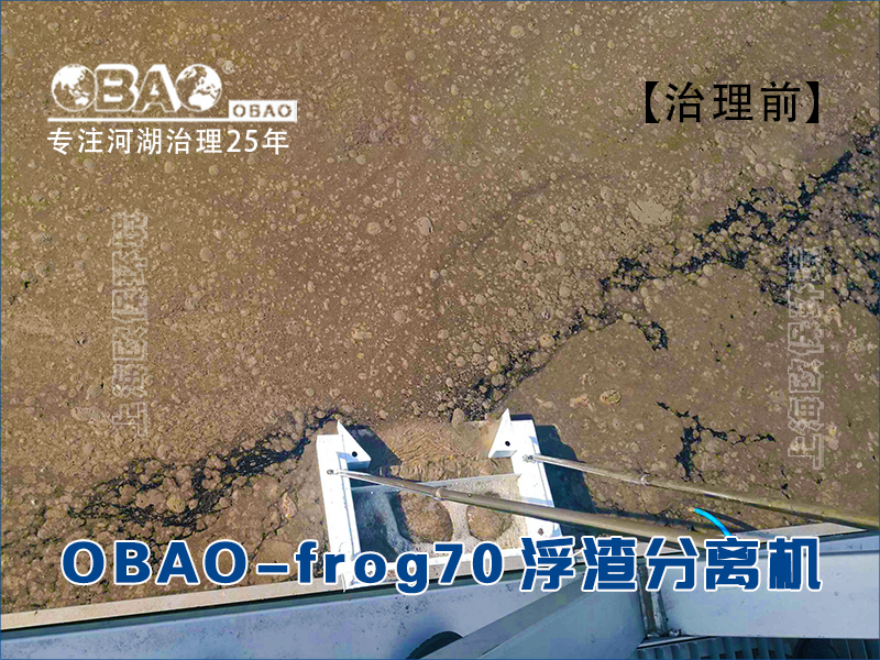 OBAO-frog70浮泥收集浮渣分离机，使用浮渣分离机进行浮泥打捞前，浮泥覆盖水面
